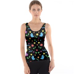 Cute Birds And Flowers Pattern - Black Tank Top by Valentinaart