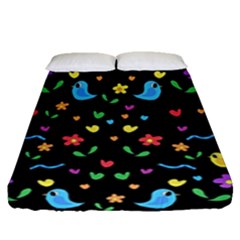 Cute Birds And Flowers Pattern - Black Fitted Sheet (queen Size)