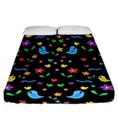 Cute Birds And Flowers Pattern - Black Fitted Sheet (california King Size) by Valentinaart