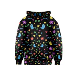 Cute Birds And Flowers Pattern - Black Kids  Pullover Hoodie