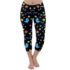 Cute Birds And Flowers Pattern - Black Capri Winter Leggings  by Valentinaart