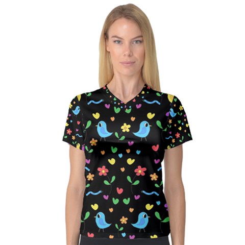 Cute Birds And Flowers Pattern - Black Women s V-neck Sport Mesh Tee by Valentinaart