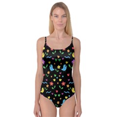 Cute Birds And Flowers Pattern - Black Camisole Leotard 