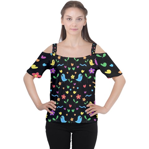 Cute Birds And Flowers Pattern - Black Women s Cutout Shoulder Tee by Valentinaart