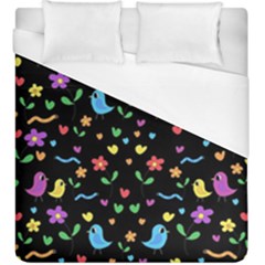 Cute Birds And Flowers Pattern - Black Duvet Cover (king Size)