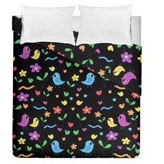 Cute Birds And Flowers Pattern - Black Duvet Cover Double Side (queen Size) by Valentinaart