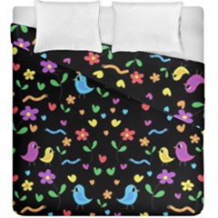 Cute Birds And Flowers Pattern - Black Duvet Cover Double Side (king Size)