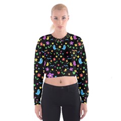 Cute Birds And Flowers Pattern - Black Women s Cropped Sweatshirt by Valentinaart