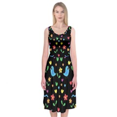 Cute Birds And Flowers Pattern - Black Midi Sleeveless Dress