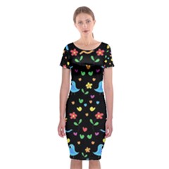 Cute Birds And Flowers Pattern - Black Classic Short Sleeve Midi Dress