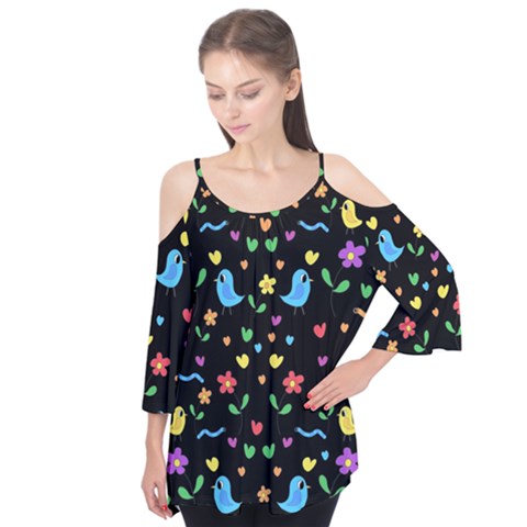 Cute Birds And Flowers Pattern - Black Flutter Tees by Valentinaart