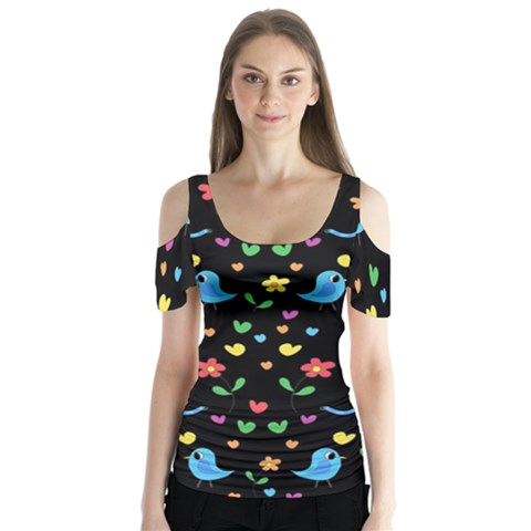 Cute Birds And Flowers Pattern - Black Butterfly Sleeve Cutout Tee  by Valentinaart