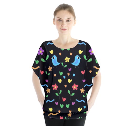 Cute Birds And Flowers Pattern - Black Blouse by Valentinaart