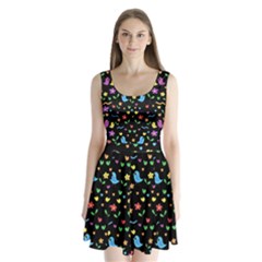 Cute Birds And Flowers Pattern - Black Split Back Mini Dress 