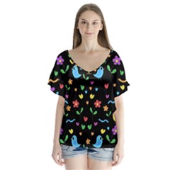 Cute Birds And Flowers Pattern - Black Flutter Sleeve Top