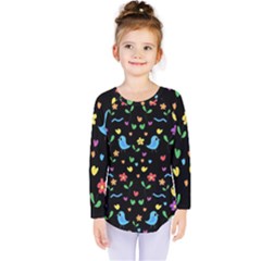 Cute Birds And Flowers Pattern - Black Kids  Long Sleeve Tee