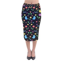 Cute Birds And Flowers Pattern - Black Velvet Midi Pencil Skirt