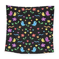 Cute Birds And Flowers Pattern - Black Square Tapestry (large)