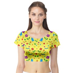 Yellow Cute Birds And Flowers Pattern Short Sleeve Crop Top (tight Fit) by Valentinaart