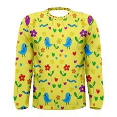 Yellow Cute Birds And Flowers Pattern Men s Long Sleeve Tee