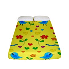 Yellow Cute Birds And Flowers Pattern Fitted Sheet (full/ Double Size) by Valentinaart