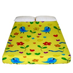 Yellow Cute Birds And Flowers Pattern Fitted Sheet (king Size) by Valentinaart