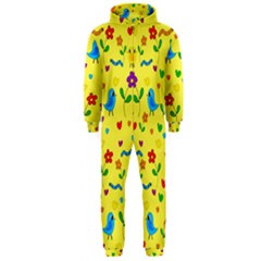 Yellow Cute Birds And Flowers Pattern Hooded Jumpsuit (men)  by Valentinaart