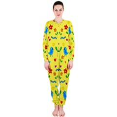 Yellow Cute Birds And Flowers Pattern Onepiece Jumpsuit (ladies)  by Valentinaart