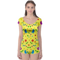 Yellow Cute Birds And Flowers Pattern Boyleg Leotard  by Valentinaart