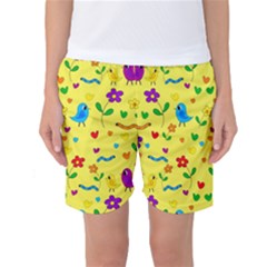 Yellow Cute Birds And Flowers Pattern Women s Basketball Shorts by Valentinaart