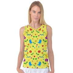 Yellow Cute Birds And Flowers Pattern Women s Basketball Tank Top by Valentinaart