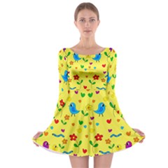 Yellow Cute Birds And Flowers Pattern Long Sleeve Skater Dress by Valentinaart