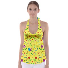 Yellow Cute Birds And Flowers Pattern Babydoll Tankini Top