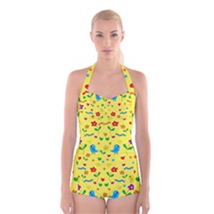 Yellow Cute Birds And Flowers Pattern Boyleg Halter Swimsuit 