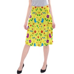 Yellow Cute Birds And Flowers Pattern Midi Beach Skirt