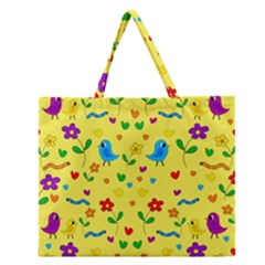 Yellow Cute Birds And Flowers Pattern Zipper Large Tote Bag