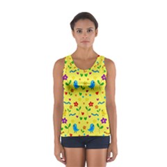 Yellow Cute Birds And Flowers Pattern Women s Sport Tank Top  by Valentinaart