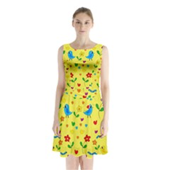 Yellow Cute Birds And Flowers Pattern Sleeveless Chiffon Waist Tie Dress