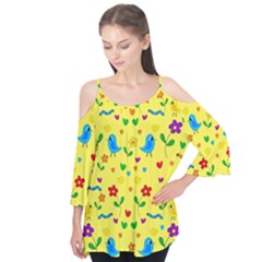 Yellow Cute Birds And Flowers Pattern Flutter Tees