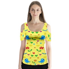 Yellow Cute Birds And Flowers Pattern Butterfly Sleeve Cutout Tee 