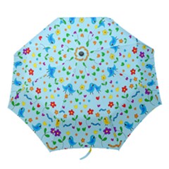 Blue Cute Birds And Flowers  Folding Umbrellas by Valentinaart