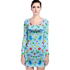 Blue Cute Birds And Flowers  Long Sleeve Bodycon Dress by Valentinaart