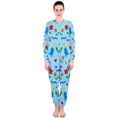 Blue Cute Birds And Flowers  Onepiece Jumpsuit (ladies)  by Valentinaart