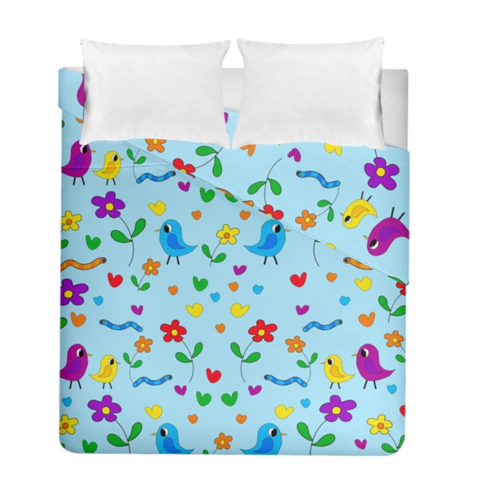 Blue cute birds and flowers  Duvet Cover Double Side (Full/ Double Size)