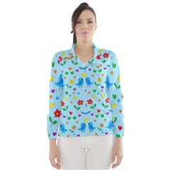 Blue Cute Birds And Flowers  Wind Breaker (women) by Valentinaart