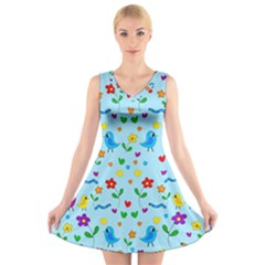 Blue Cute Birds And Flowers  V-neck Sleeveless Skater Dress by Valentinaart