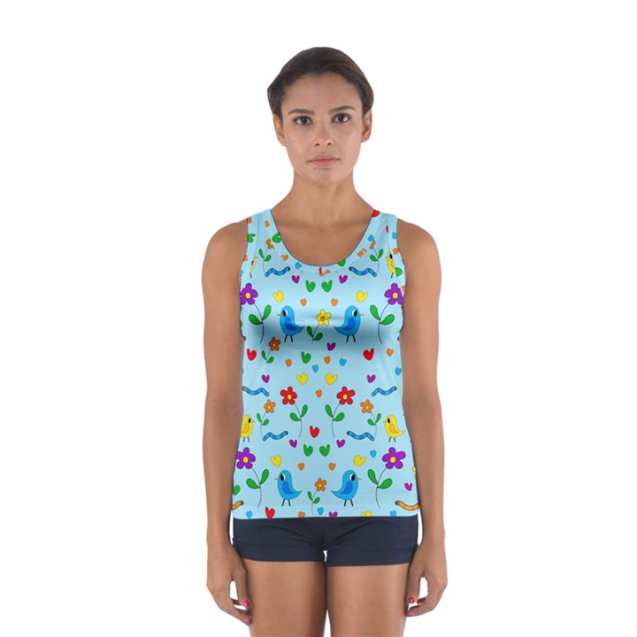 Blue cute birds and flowers  Women s Sport Tank Top 