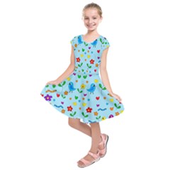 Blue Cute Birds And Flowers  Kids  Short Sleeve Dress