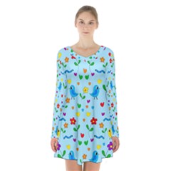 Blue Cute Birds And Flowers  Long Sleeve Velvet V-neck Dress by Valentinaart