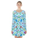 Blue cute birds and flowers  Long Sleeve Velvet V-neck Dress View1